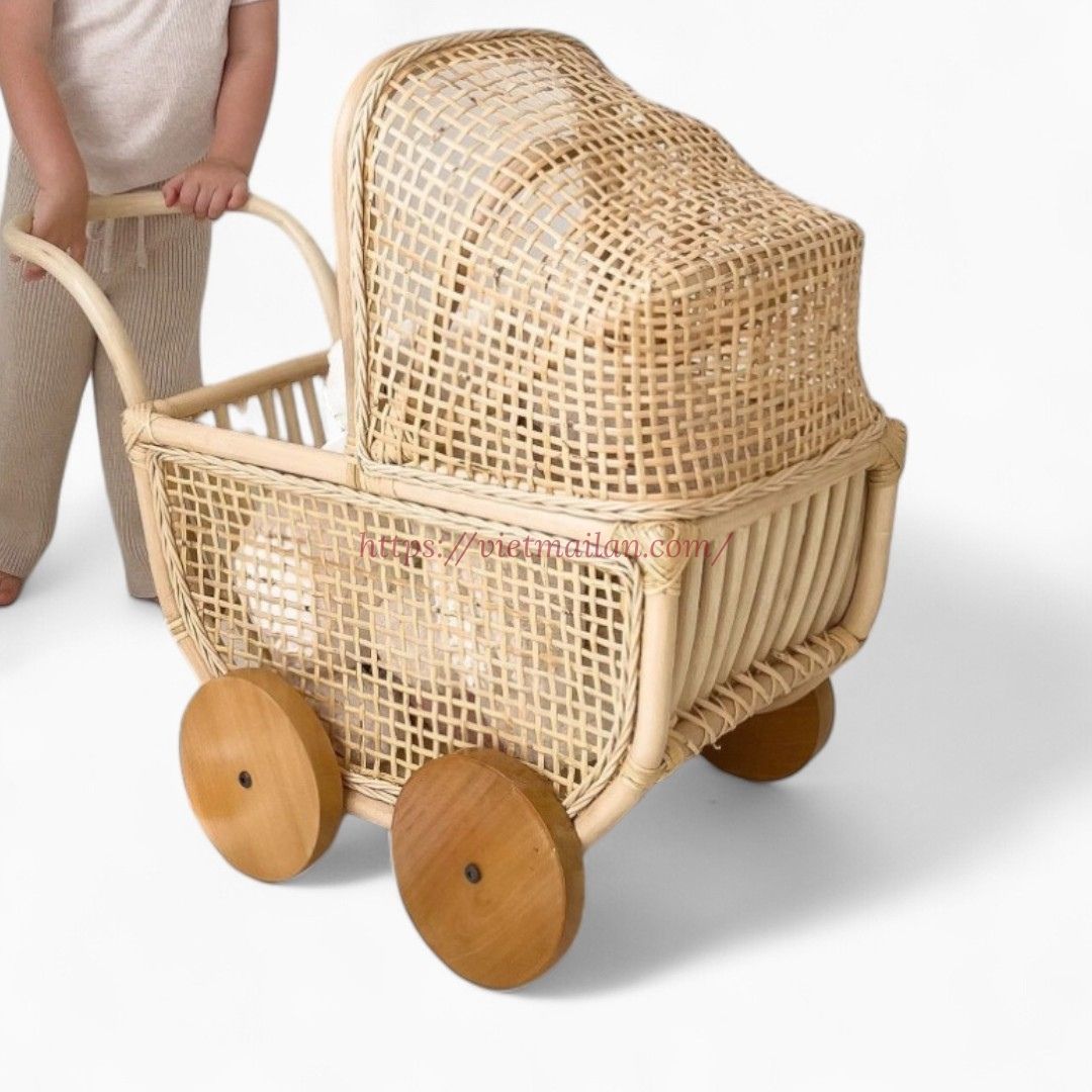 Natural Rattan Doll Pram