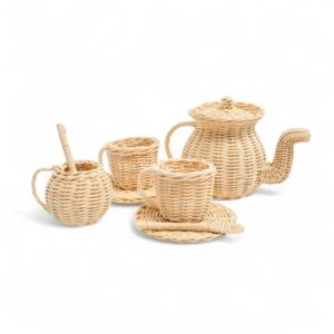 Handmade Rattan Tea Set for Pretend Play