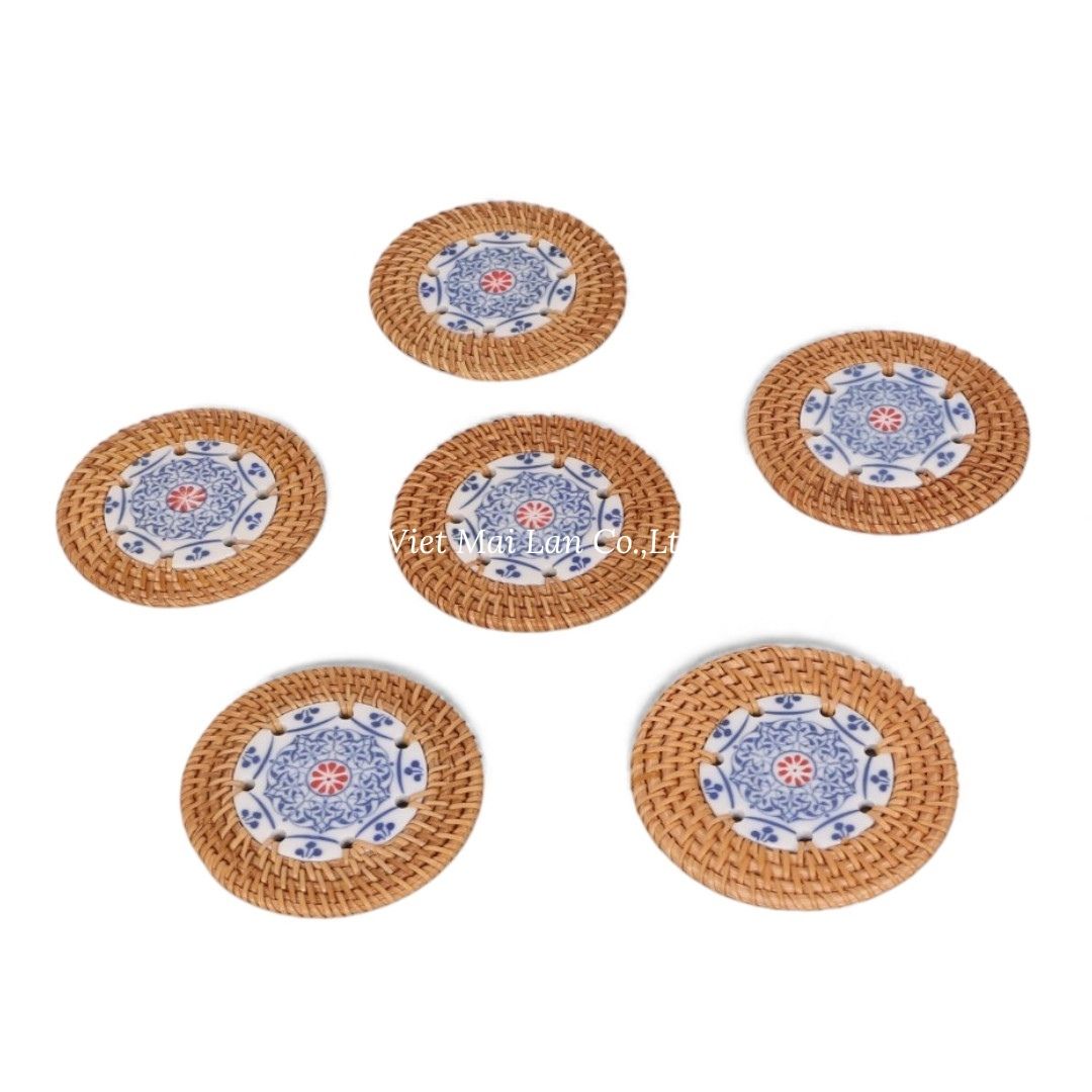 Artistic Ceramic Rattan Coaster Set