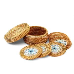 Blue Ceramic Rattan Coaster Set