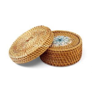 Blue Ceramic Rattan Coaster Set