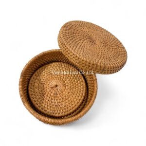 Brown Round Rattan Coaster Set