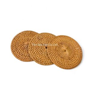 Brown Round Rattan Coaster Set