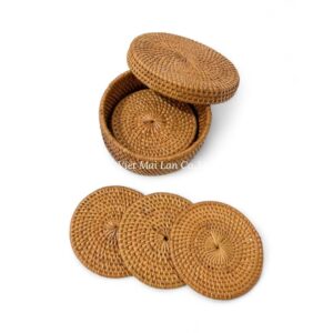 Brown Round Rattan Coaster Set