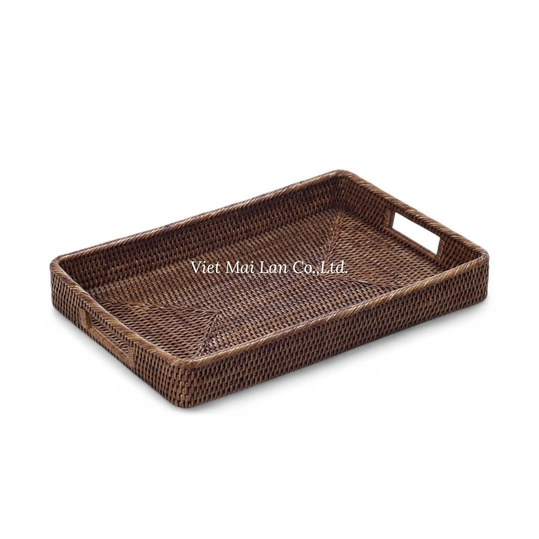 Dark Brown Rattan Tray with Handles
