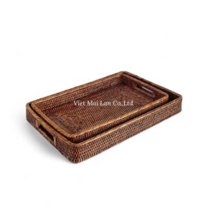 Dark Brown Rattan Tray with Handles