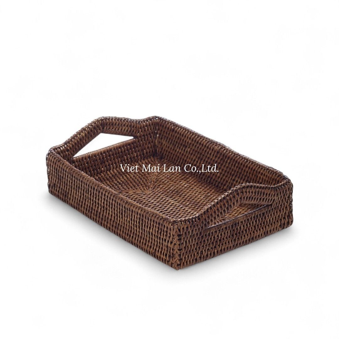 Dark Brown Rectangular Rattan Tray Set