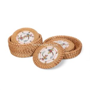 Dragonfly Ceramic Rattan Coaster Set