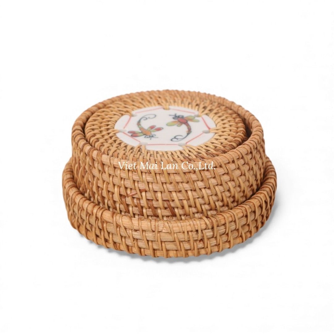 Dragonfly Ceramic Rattan Coaster Set