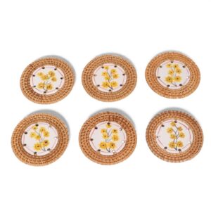 Floral Ceramic Rattan Coaster Set