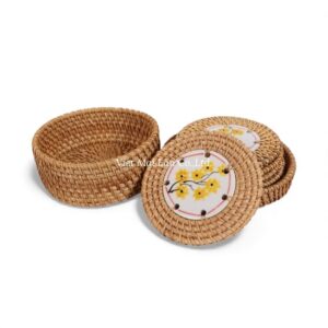 Floral Ceramic Rattan Coaster Set