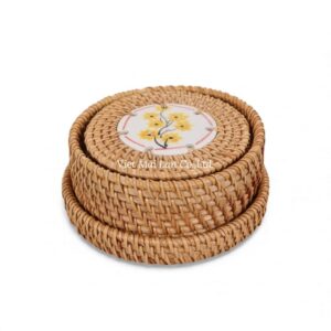 Floral Ceramic Rattan Coaster Set