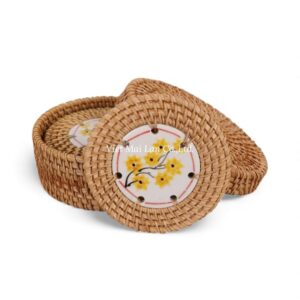 Floral Ceramic Rattan Coaster Set