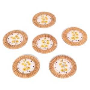 Floral Ceramic Rattan Coaster Set