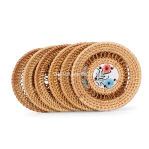 Floral Rattan Coaster Set with Ceramic