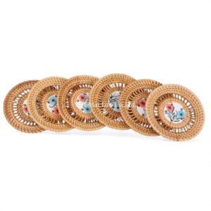 Floral Rattan Coaster Set with Ceramic