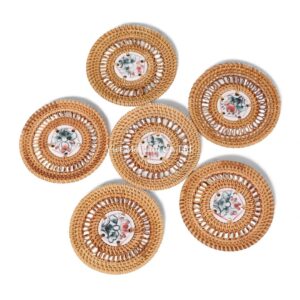 Lotus Rattan Coaster Set with Ceramic