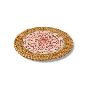 Red Floral Ceramic Rattan Coaster