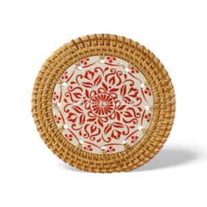 Red Floral Ceramic Rattan Coaster