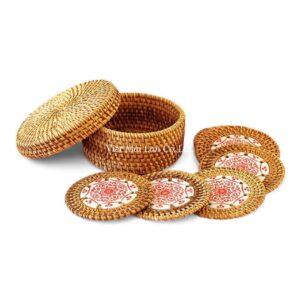 Red Floral Ceramic Rattan Coaster Set