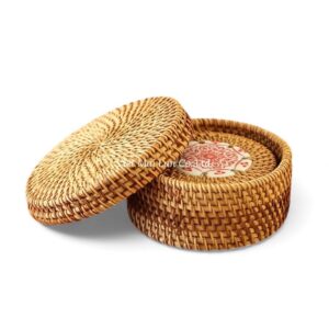 Red Floral Ceramic Rattan Coaster Set