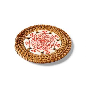 Red Floral Ceramic Rattan Coaster Set