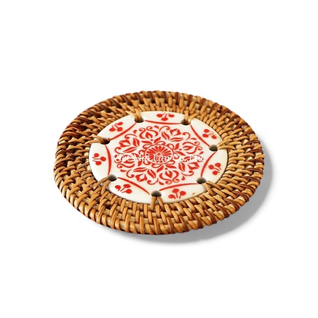 Red Floral Ceramic Rattan Coaster Set