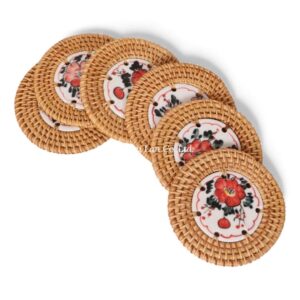 Red Floral Rattan Coaster