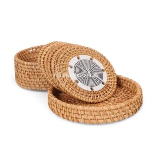 Rustic Ceramic Rattan Coaster Set