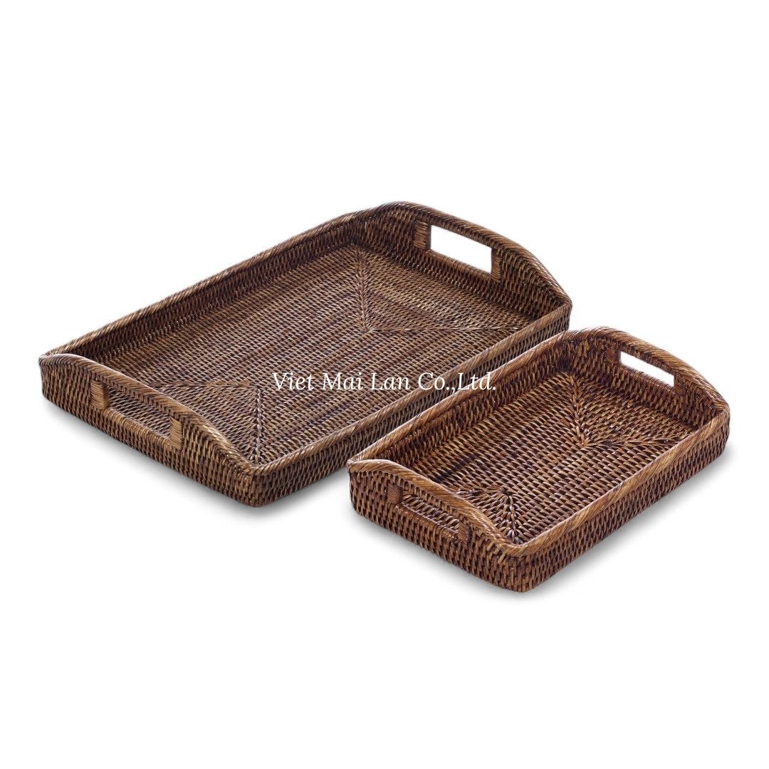 Set 2 Rectangular Rattan Trays