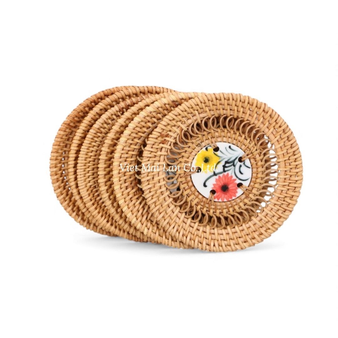 Set 6 Floral Rattan Coasters
