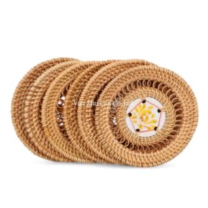 Tropical Ceramic Rattan Coaster Set