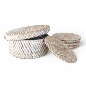White Round Rattan Coaster Set