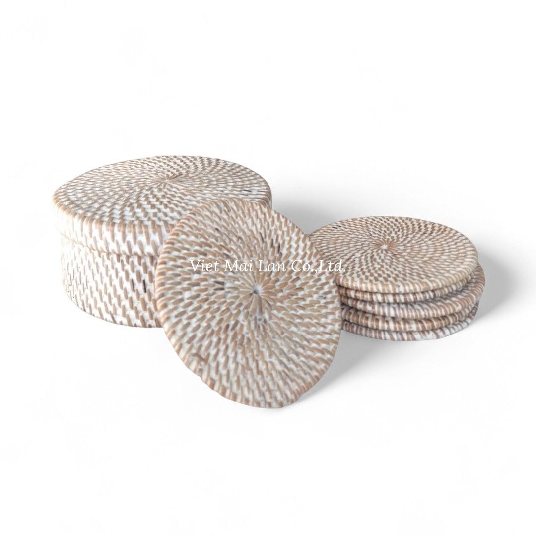 White Round Rattan Coaster Set