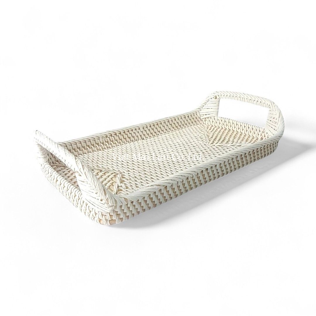 White Wash Rectangular Rattan Tray