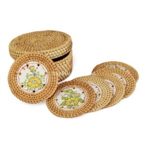 Yellow Ceramic Rattan Coaster Set