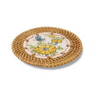 Yellow Floral Ceramic Rattan Coaster