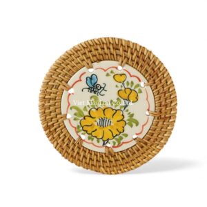 Yellow Floral Ceramic Rattan Coaster