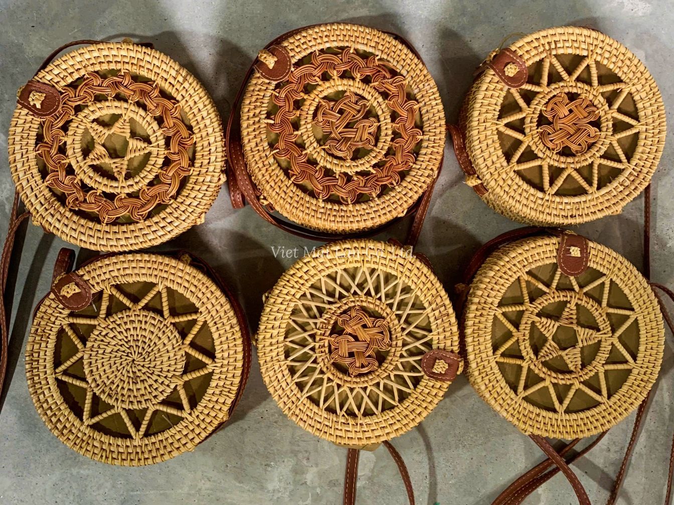 Collection of Vietnamese handwoven rattan bags ready for export